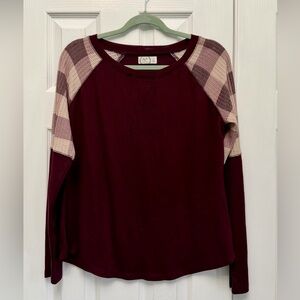 Burgundy/Maroon Long Sleeve Top with Plaid Sleeves - Medium